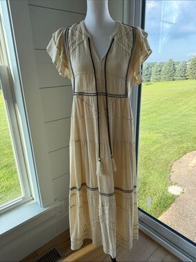 Bohemian Cream Maxi Dress with Tassel Tie
